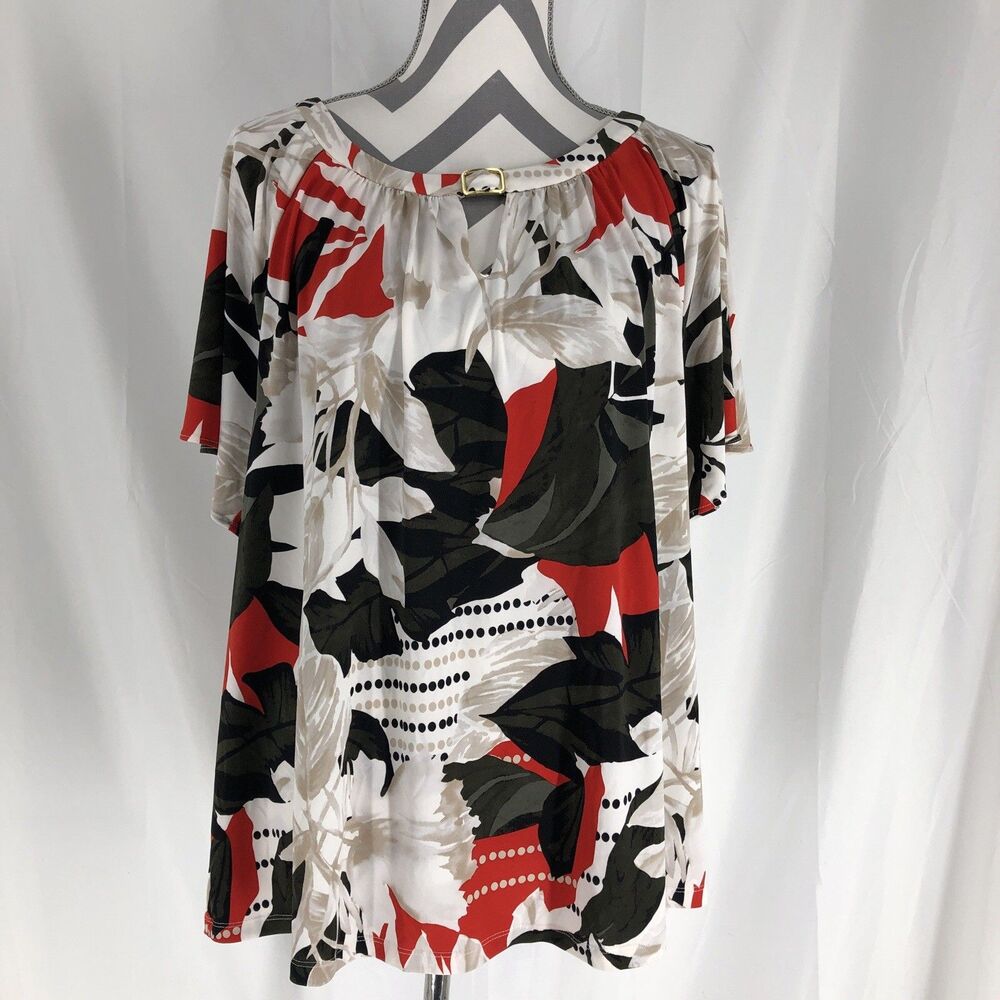 Calvin Klein Short Sleeve Floral Print Keyhole Buckle Blouse 1X